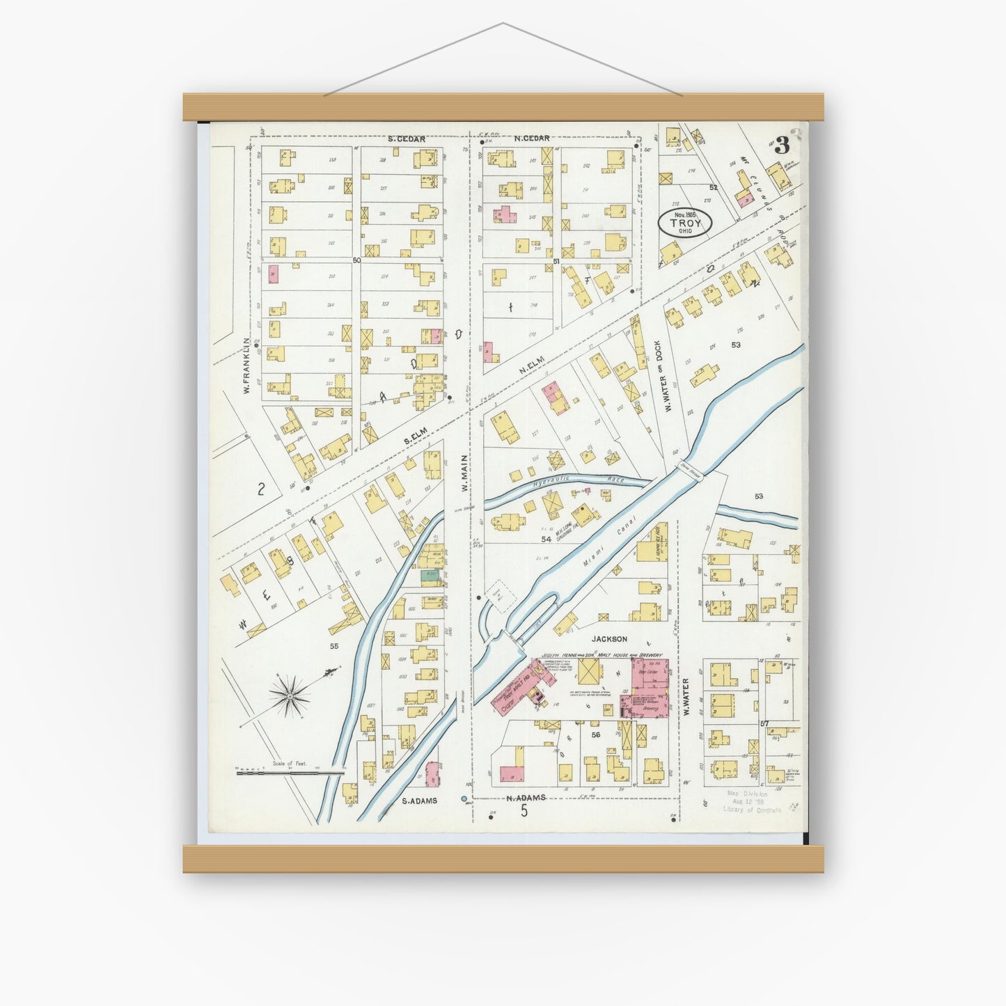 Old map wall art mockup — magnetic wood frame on white wall — Sanborn Fire Insurance Map from Troy, Miami County, Ohio (1905), Sheet #0003