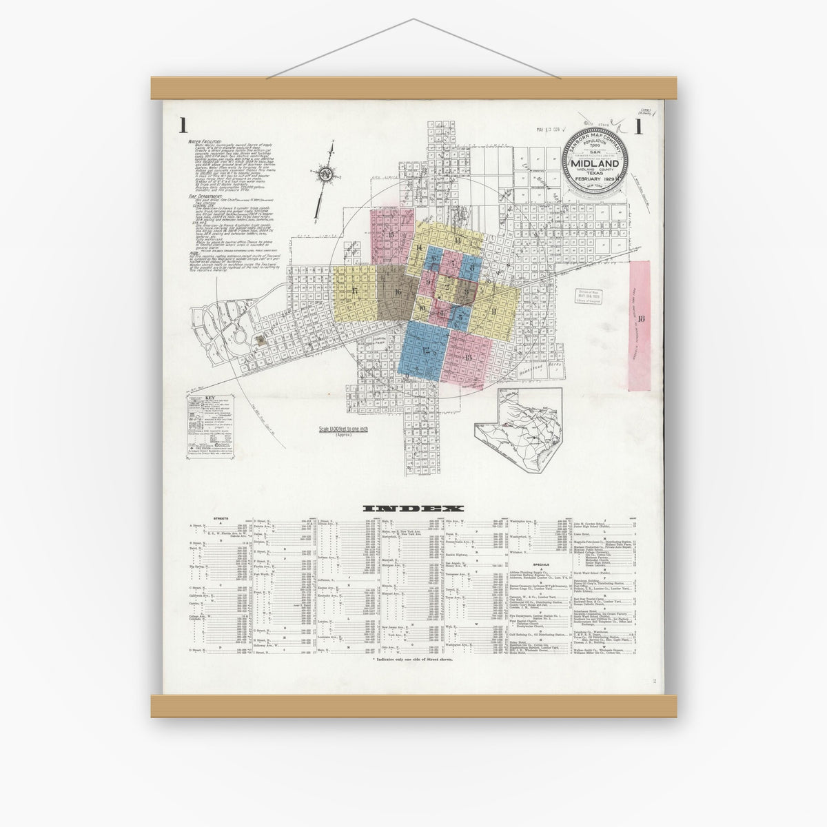 Old map wall art mockup — magnetic wood frame on white wall — Sanborn Fire Insurance Map from Midland, Midland County, Texas (1929) - Complete Map Set