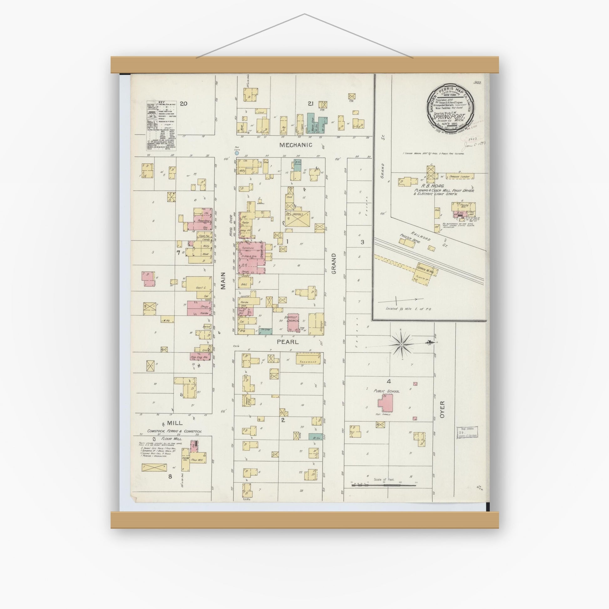 Old map wall art mockup — magnetic wood frame on white wall — Sanborn Fire Insurance Map from Springport, Jackson County, Michigan (1892), Sheet #0001
