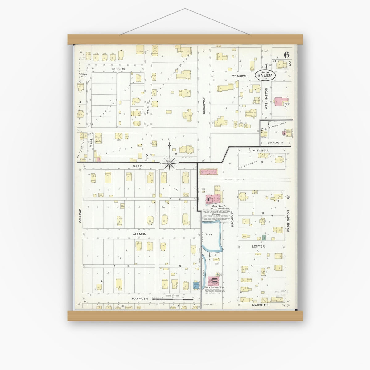 Old map wall art mockup — magnetic wood frame on white wall — Sanborn Fire Insurance Map from Salem, Marion County, Illinois (1908), Sheet #0006