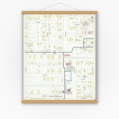 Old map wall art mockup — magnetic wood frame on white wall — Sanborn Fire Insurance Map from Salem, Marion County, Illinois (1908), Sheet #0006