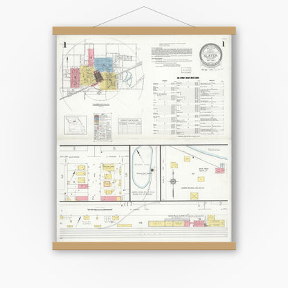 Old map wall art mockup — magnetic wood frame on white wall — Sanborn Fire Insurance Map from Slater, Saline County, Missouri (1933) - Complete Map Set