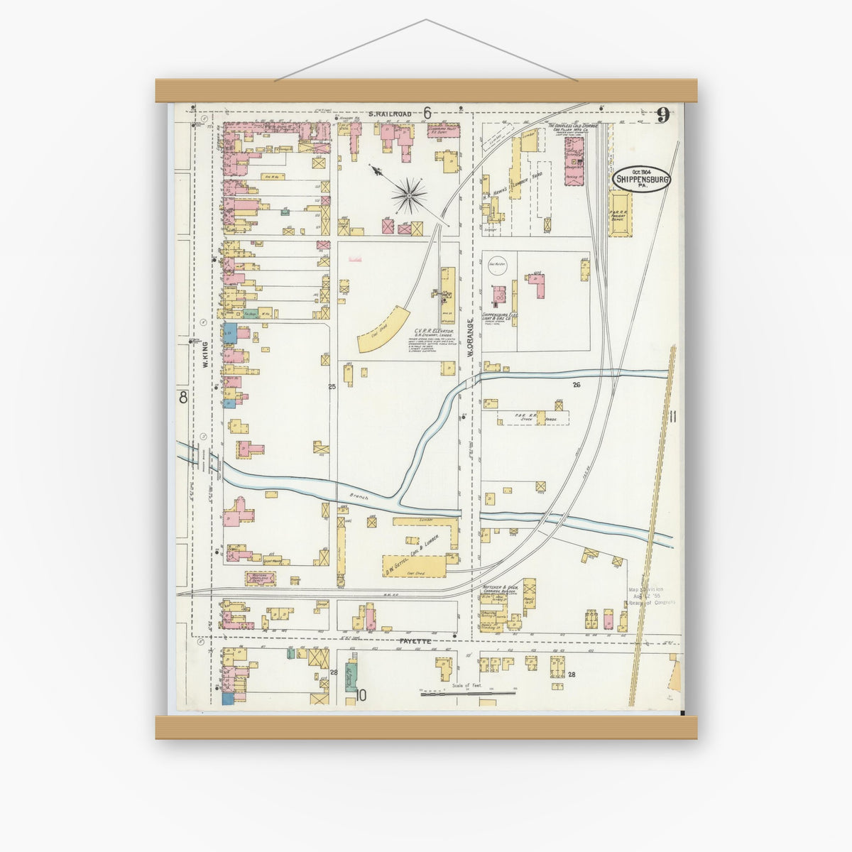 Old map wall art mockup — magnetic wood frame on white wall — Sanborn Fire Insurance Map from Shippensburg, Cumberland And Franklin Counties, Pennsylvania (1904), Sheet #0009