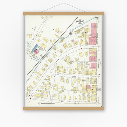 Old map wall art mockup — magnetic wood frame on white wall — Sanborn Fire Insurance Map from Waltham, Middlesex County, Massachusetts (1911), Sheet #0021