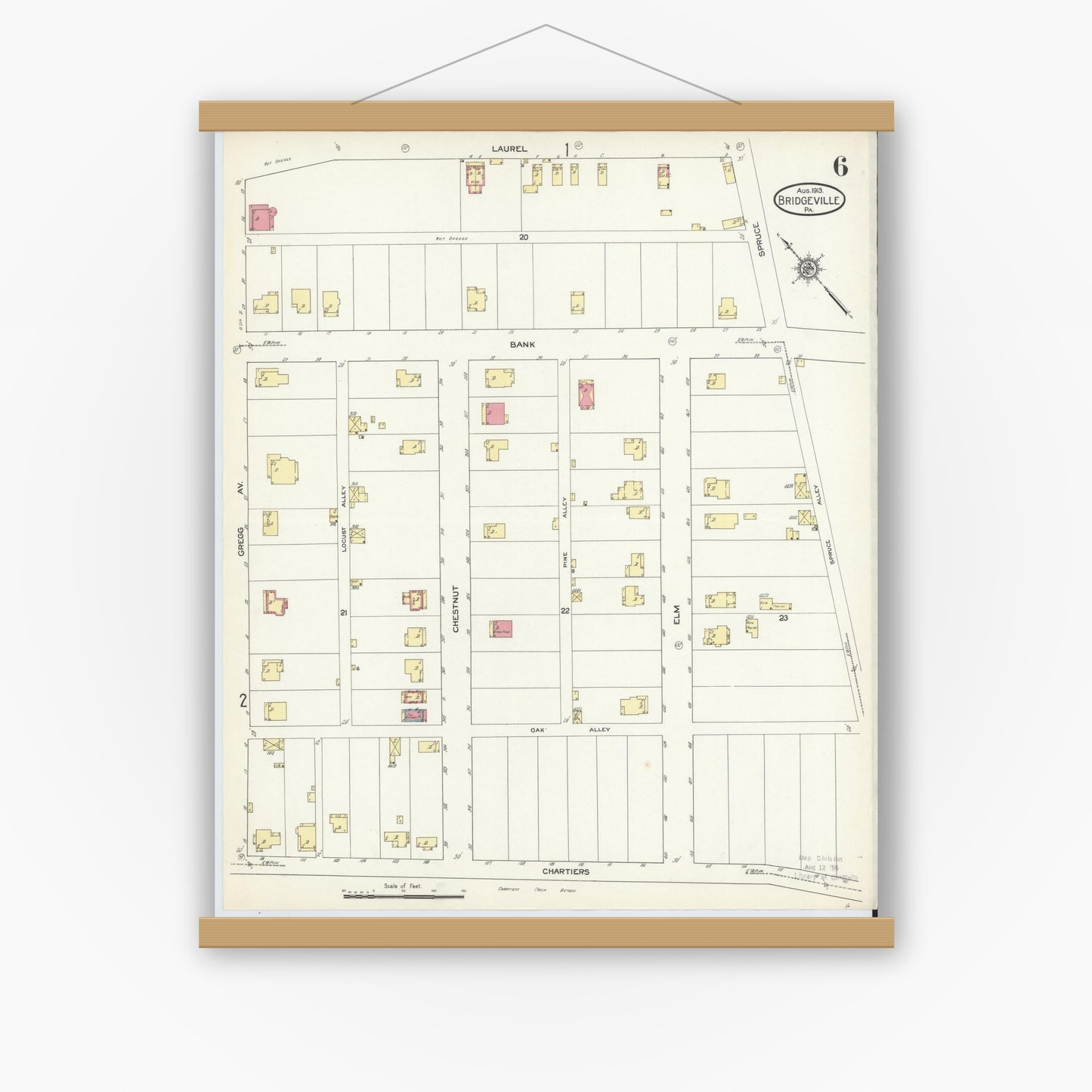 Old map wall art mockup — magnetic wood frame on white wall — Sanborn Fire Insurance Map from Bridgeville, Allegheny County, Pennsylvania (1913), Sheet #0006