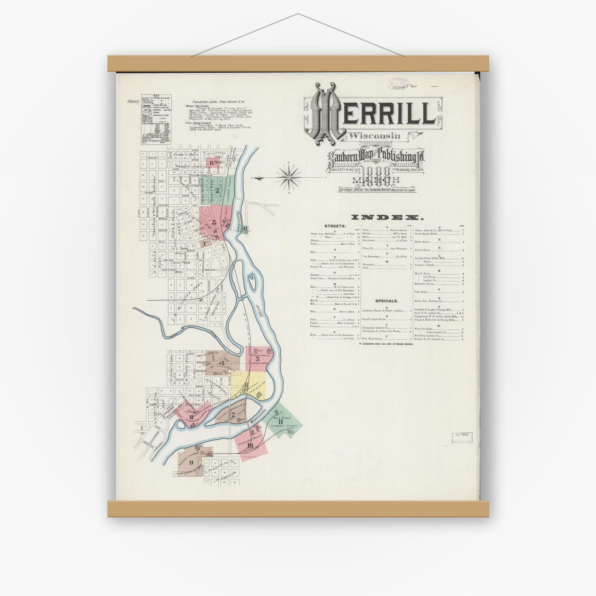 Old map wall art mockup — magnetic wood frame on white wall — Sanborn Fire Insurance Map from Merrill, Lincoln County, Wisconsin (1888), Sheet #0001