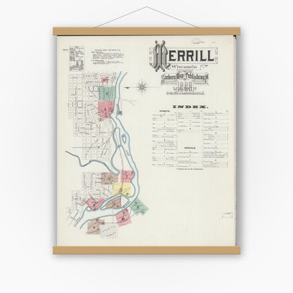 Old map wall art mockup — magnetic wood frame on white wall — Sanborn Fire Insurance Map from Merrill, Lincoln County, Wisconsin (1888), Sheet #0001