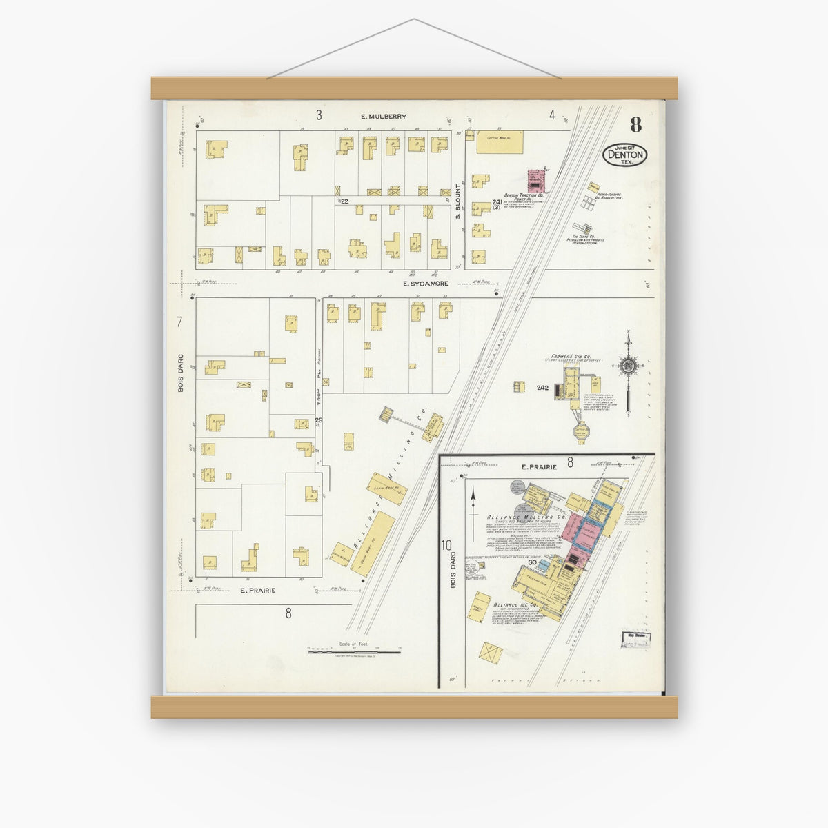 Old map wall art mockup — magnetic wood frame on white wall — Sanborn Fire Insurance Map from Denton, Denton County, Texas (1917), Sheet #0008