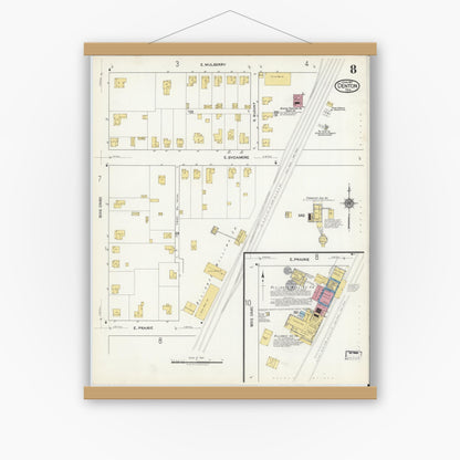 Old map wall art mockup — magnetic wood frame on white wall — Sanborn Fire Insurance Map from Denton, Denton County, Texas (1917), Sheet #0008