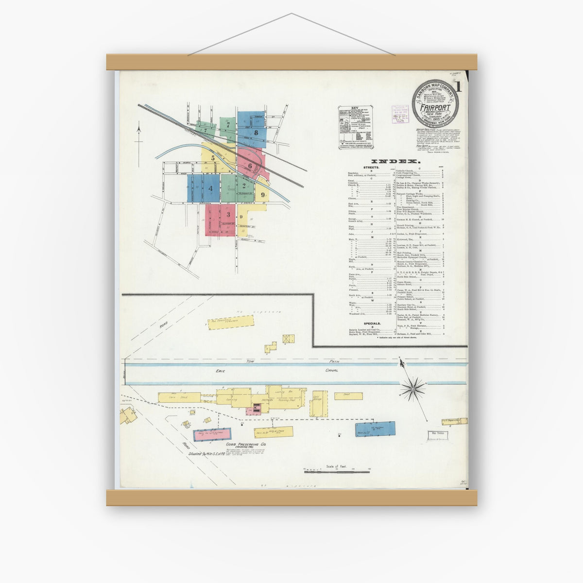 Old map wall art mockup — magnetic wood frame on white wall — Sanborn Fire Insurance Map from Fairport, Monroe County, New York (1905) - Complete Map Set