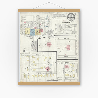Old map wall art mockup — magnetic wood frame on white wall — Sanborn Fire Insurance Map from Johnston City, Williamson County, Illinois (1914), Sheet #0001