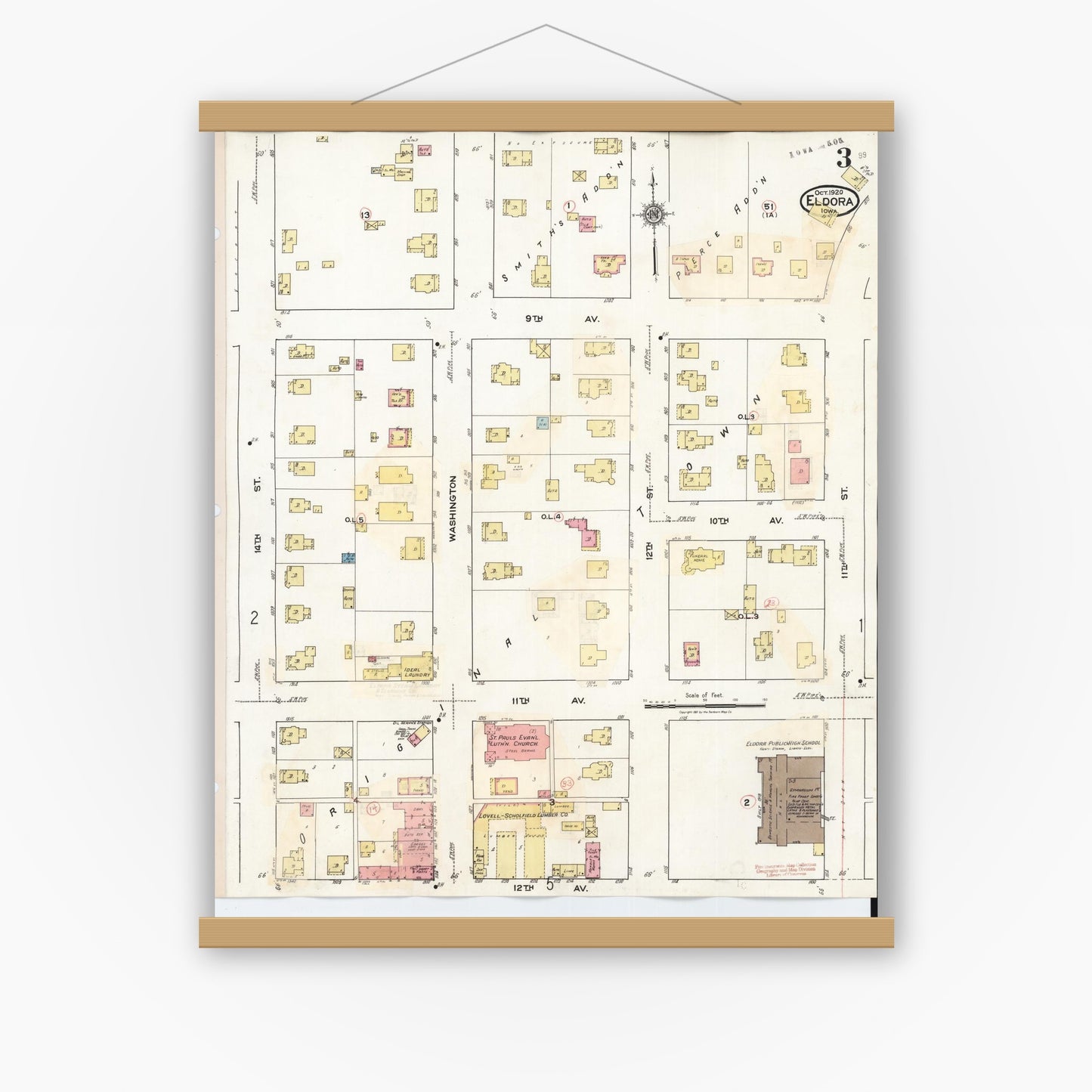 Old map wall art mockup — magnetic wood frame on white wall — Sanborn Fire Insurance Map from Eldora, Hardin County, Iowa (1940), Sheet #0003