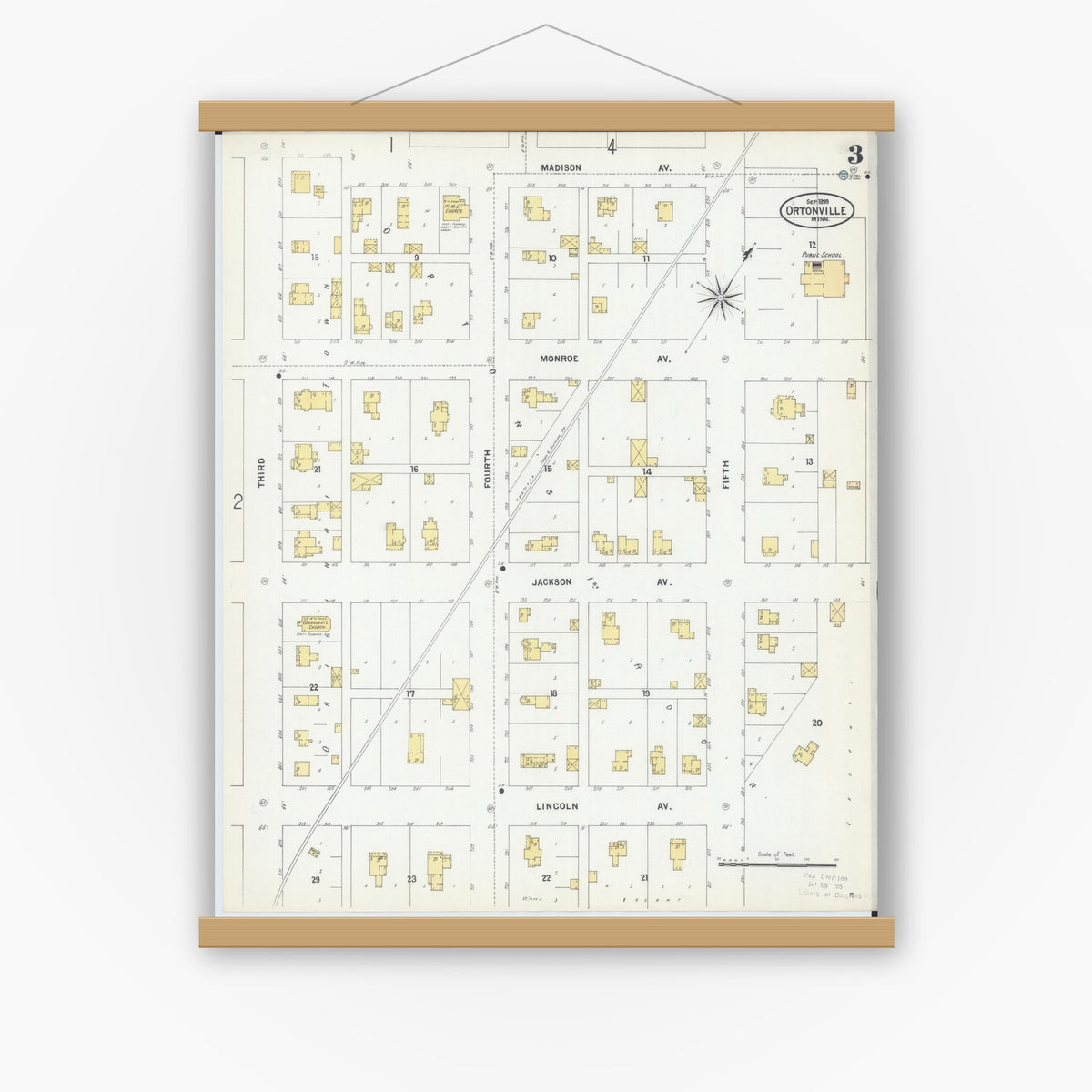 Old map wall art mockup — magnetic wood frame on white wall — Sanborn Fire Insurance Map from Ortonville, Big Stone County, Minnesota (1899), Sheet #0003