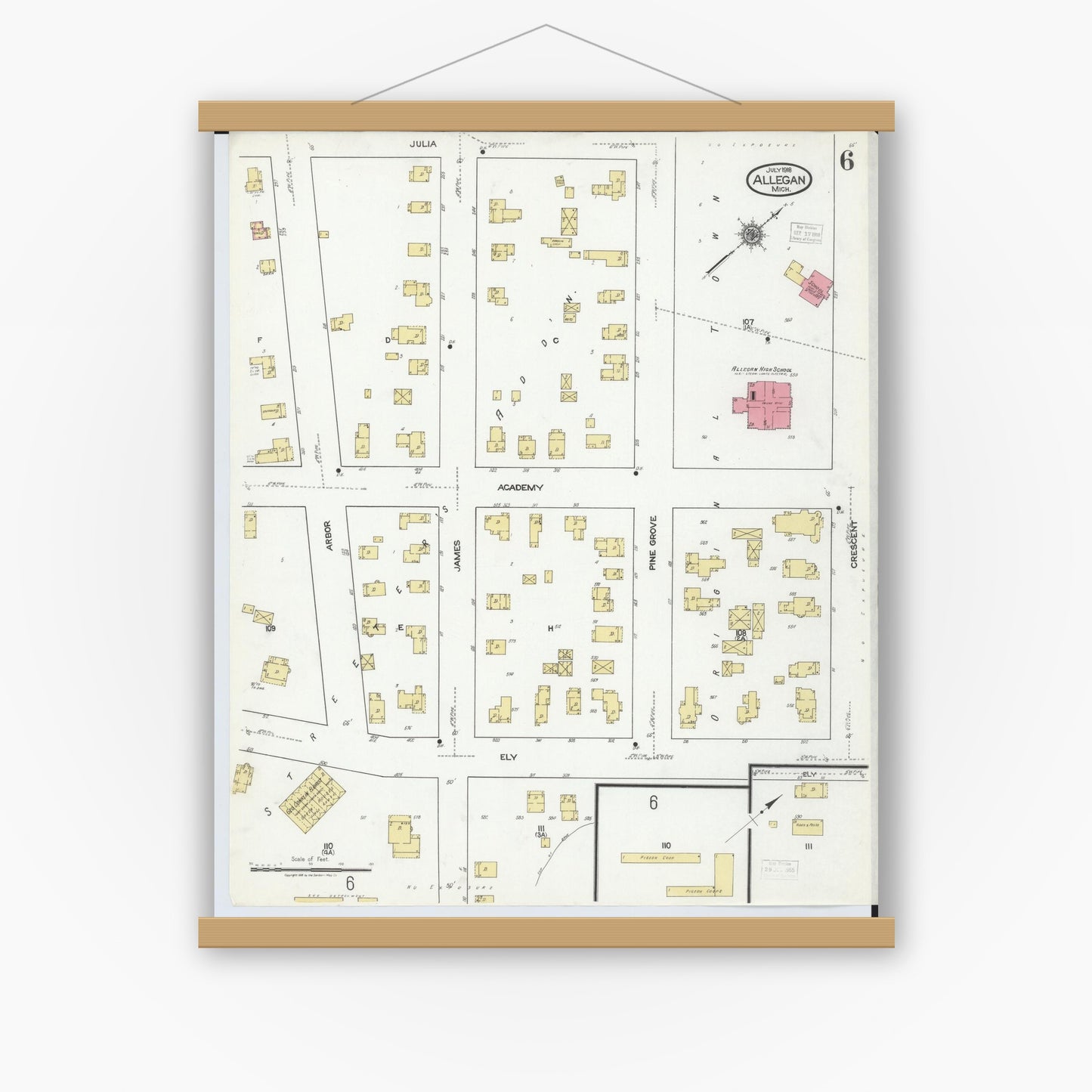 Old map wall art mockup — magnetic wood frame on white wall — Sanborn Fire Insurance Map from Allegan, Allegan County, Michigan (1918), Sheet #0006