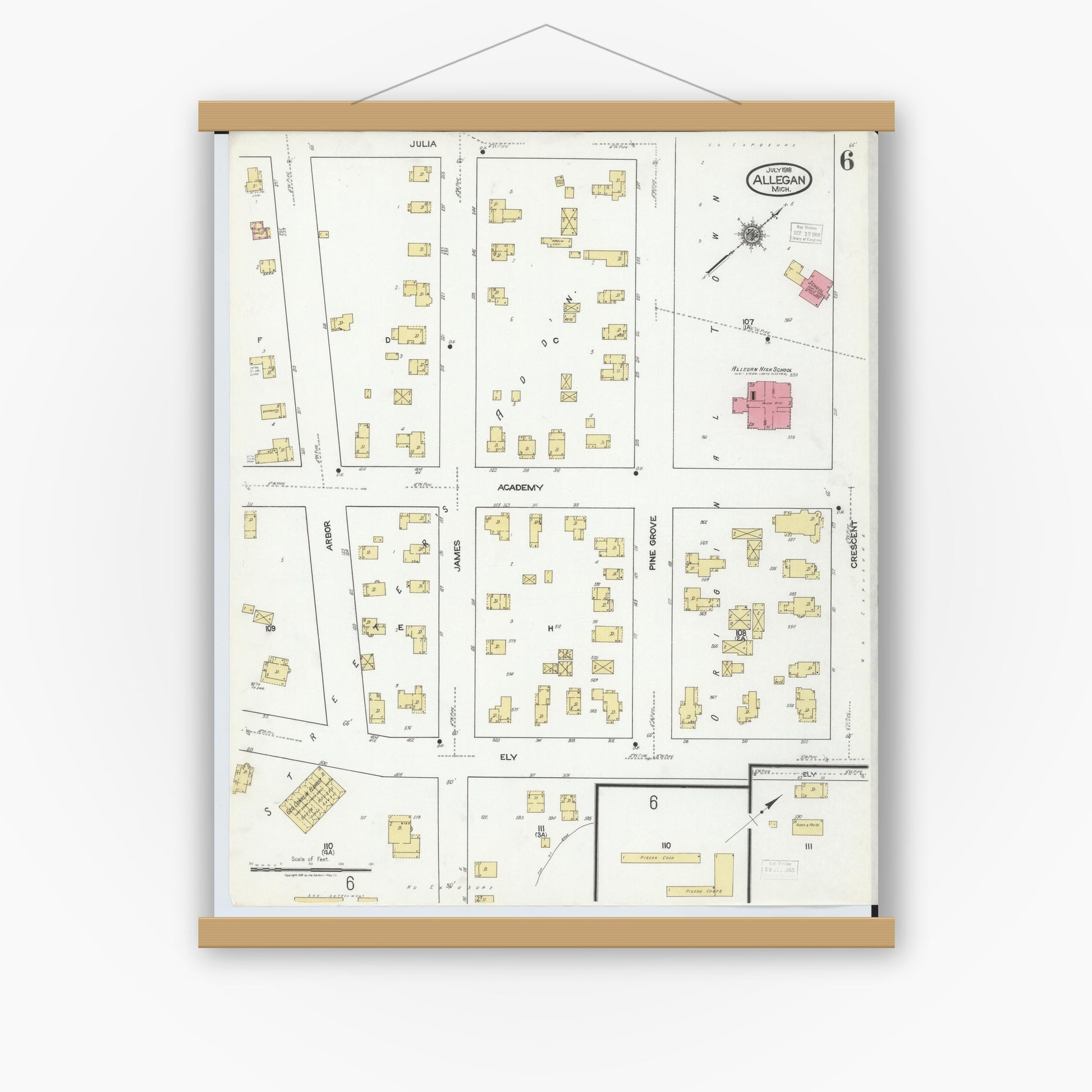 Old map wall art mockup — magnetic wood frame on white wall — Sanborn Fire Insurance Map from Allegan, Allegan County, Michigan (1918), Sheet #0006