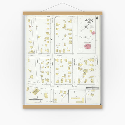 Old map wall art mockup — magnetic wood frame on white wall — Sanborn Fire Insurance Map from Allegan, Allegan County, Michigan (1918), Sheet #0006