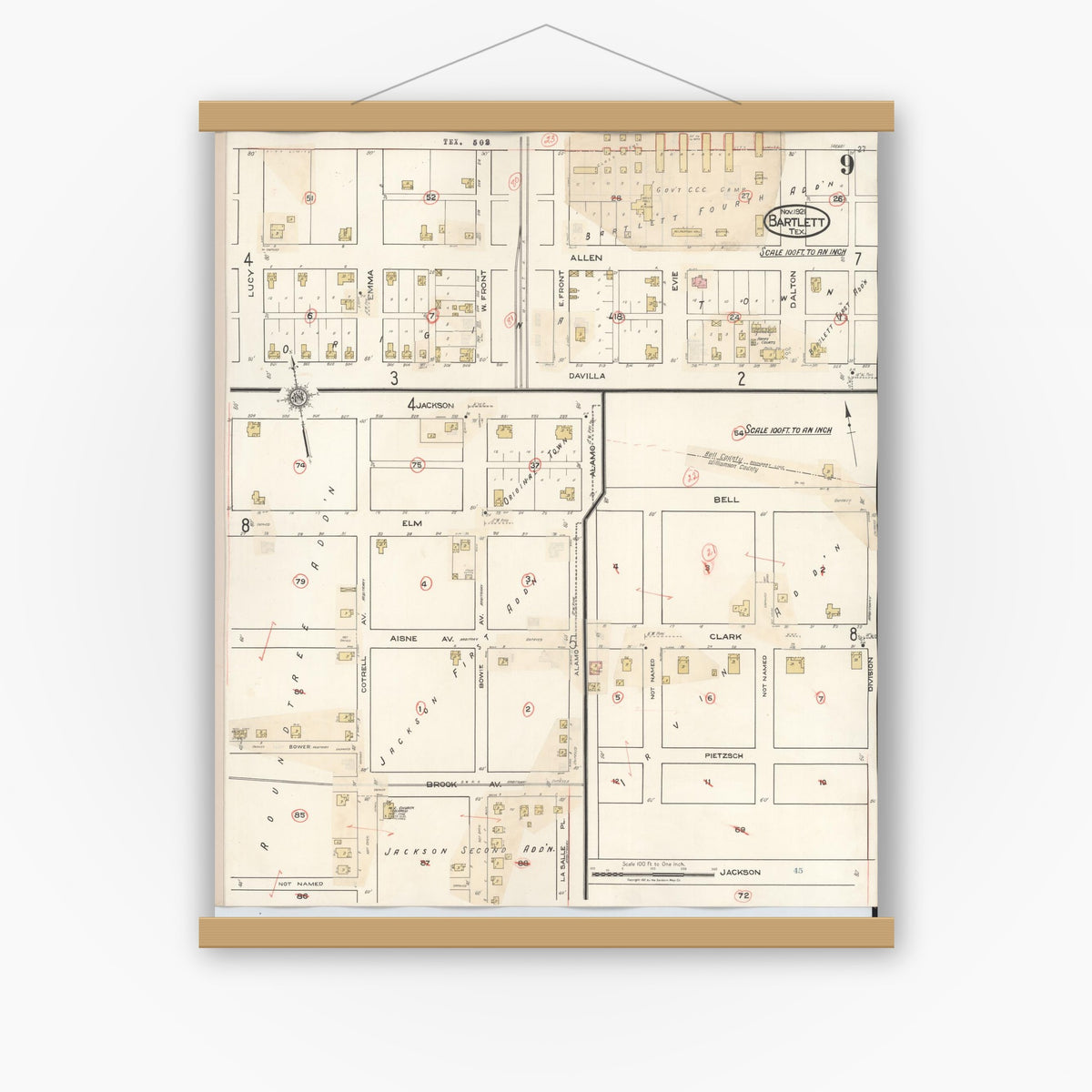 Old map wall art mockup — magnetic wood frame on white wall — Sanborn Fire Insurance Map from Bartlett, Bell and Williamson Counties, Texas (1940), Sheet #0009