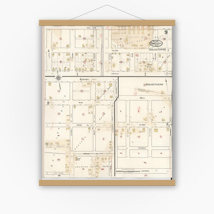 Old map wall art mockup — magnetic wood frame on white wall — Sanborn Fire Insurance Map from Bartlett, Bell and Williamson Counties, Texas (1940), Sheet #0009