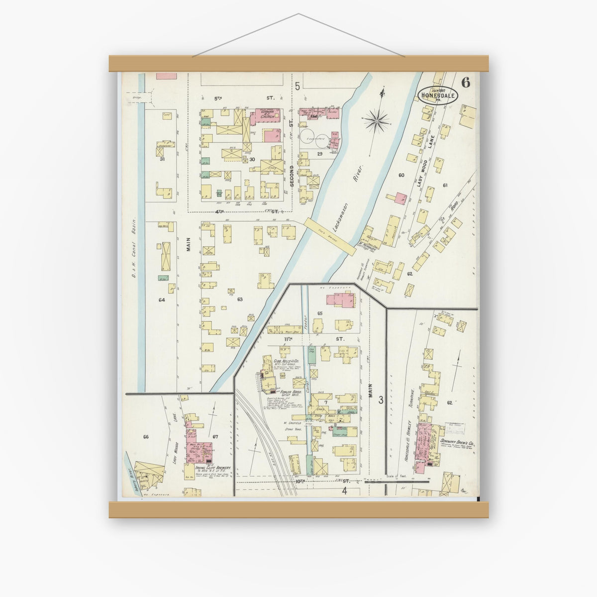 Old map wall art mockup — magnetic wood frame on white wall — Sanborn Fire Insurance Map from Honesdale, Wayne County, Pennsylvania (1897), Sheet #0006