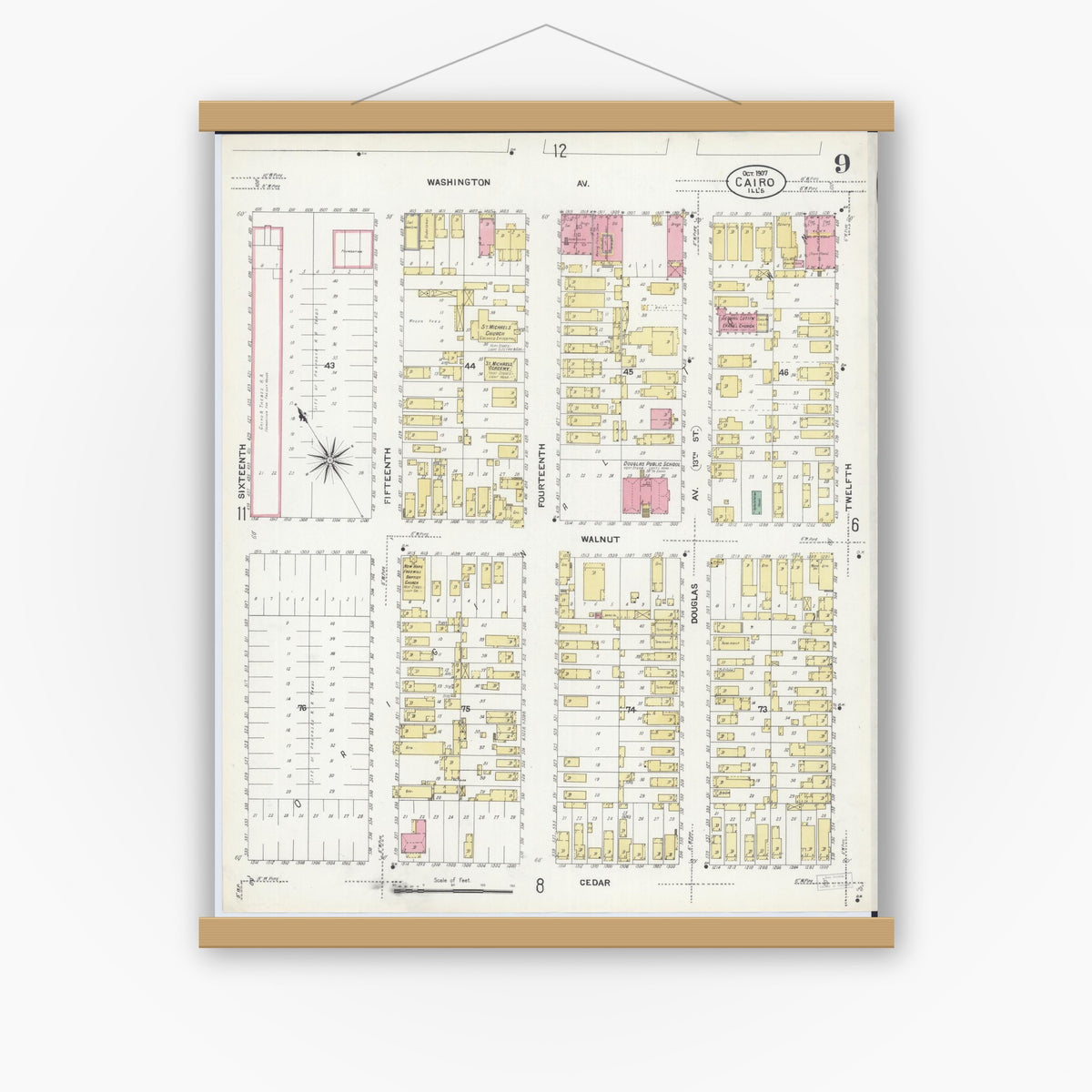 Old map wall art mockup — magnetic wood frame on white wall — Sanborn Fire Insurance Map from Cairo, Alexander County, Illinois (1907), Sheet #0009