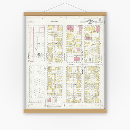 Old map wall art mockup — magnetic wood frame on white wall — Sanborn Fire Insurance Map from Cairo, Alexander County, Illinois (1907), Sheet #0009