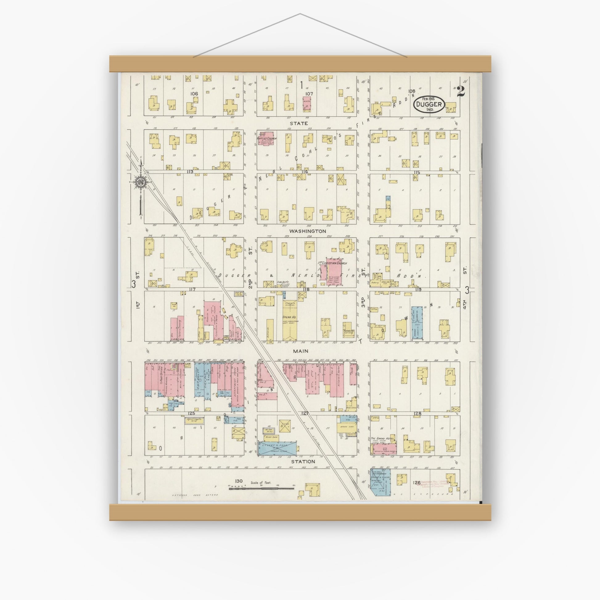 Old map wall art mockup — magnetic wood frame on white wall — Sanborn Fire Insurance Map from Dugger, Sullivan County, Indiana (1915), Sheet #0002