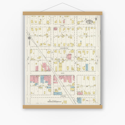 Old map wall art mockup — magnetic wood frame on white wall — Sanborn Fire Insurance Map from Dugger, Sullivan County, Indiana (1915), Sheet #0002
