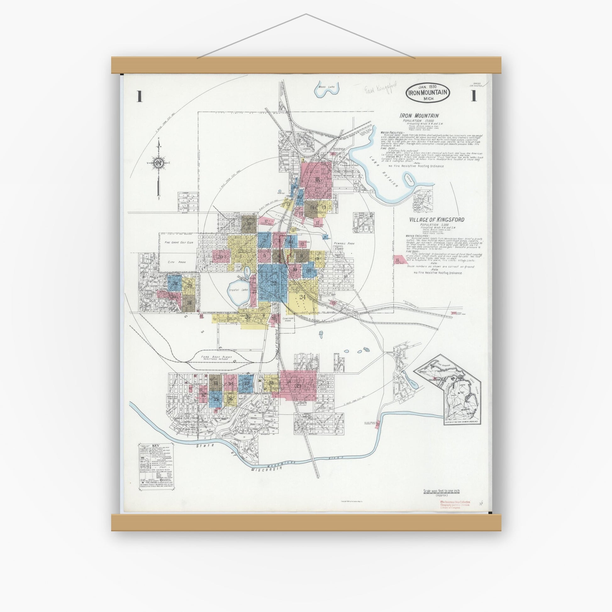 Old map wall art mockup — magnetic wood frame on white wall — Sanborn Fire Insurance Map from Iron Mountain, Dickinson County, Michigan (1930), Sheet #0001
