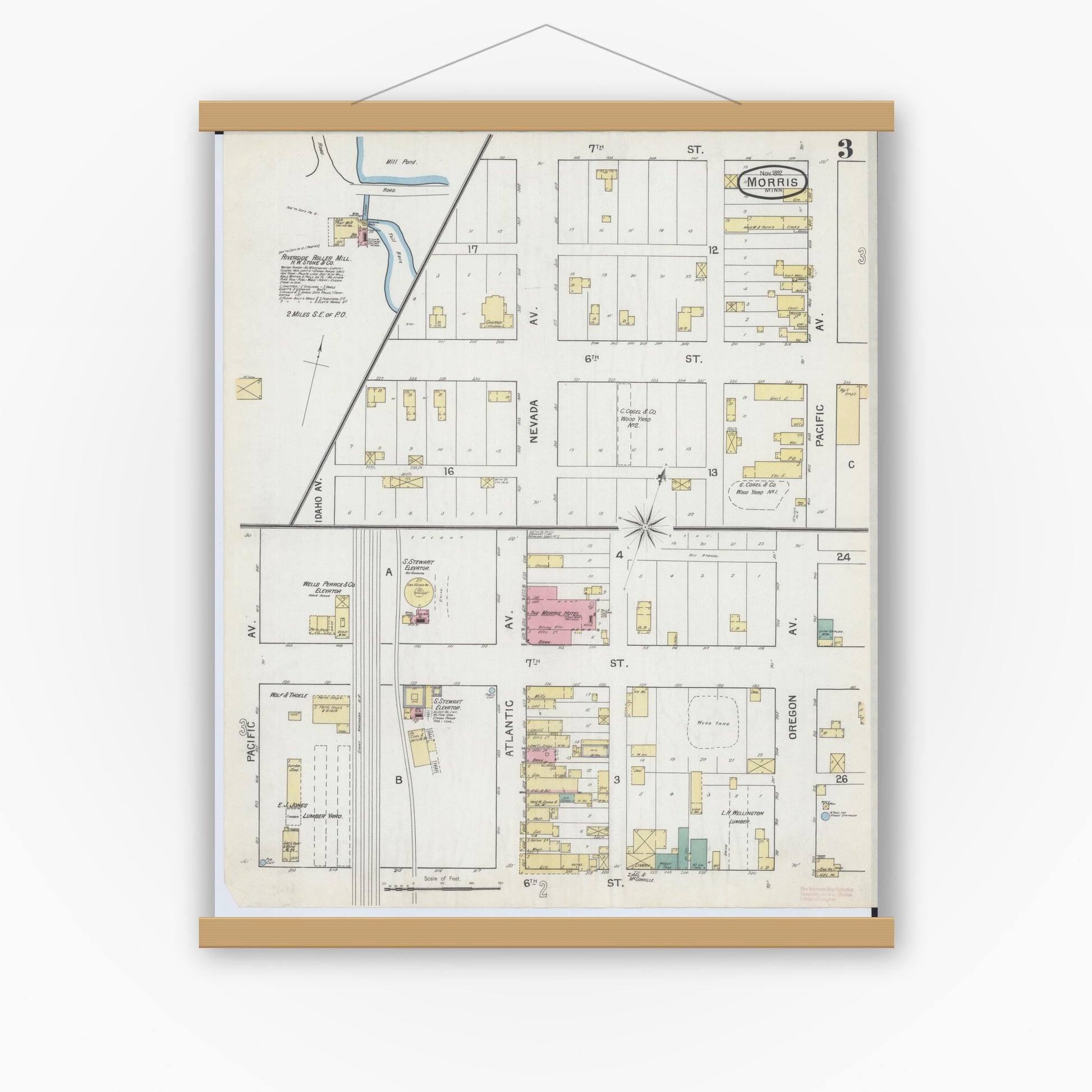 Old map wall art mockup — magnetic wood frame on white wall — Sanborn Fire Insurance Map from Morris, Stevens County, Minnesota (1892), Sheet #0003