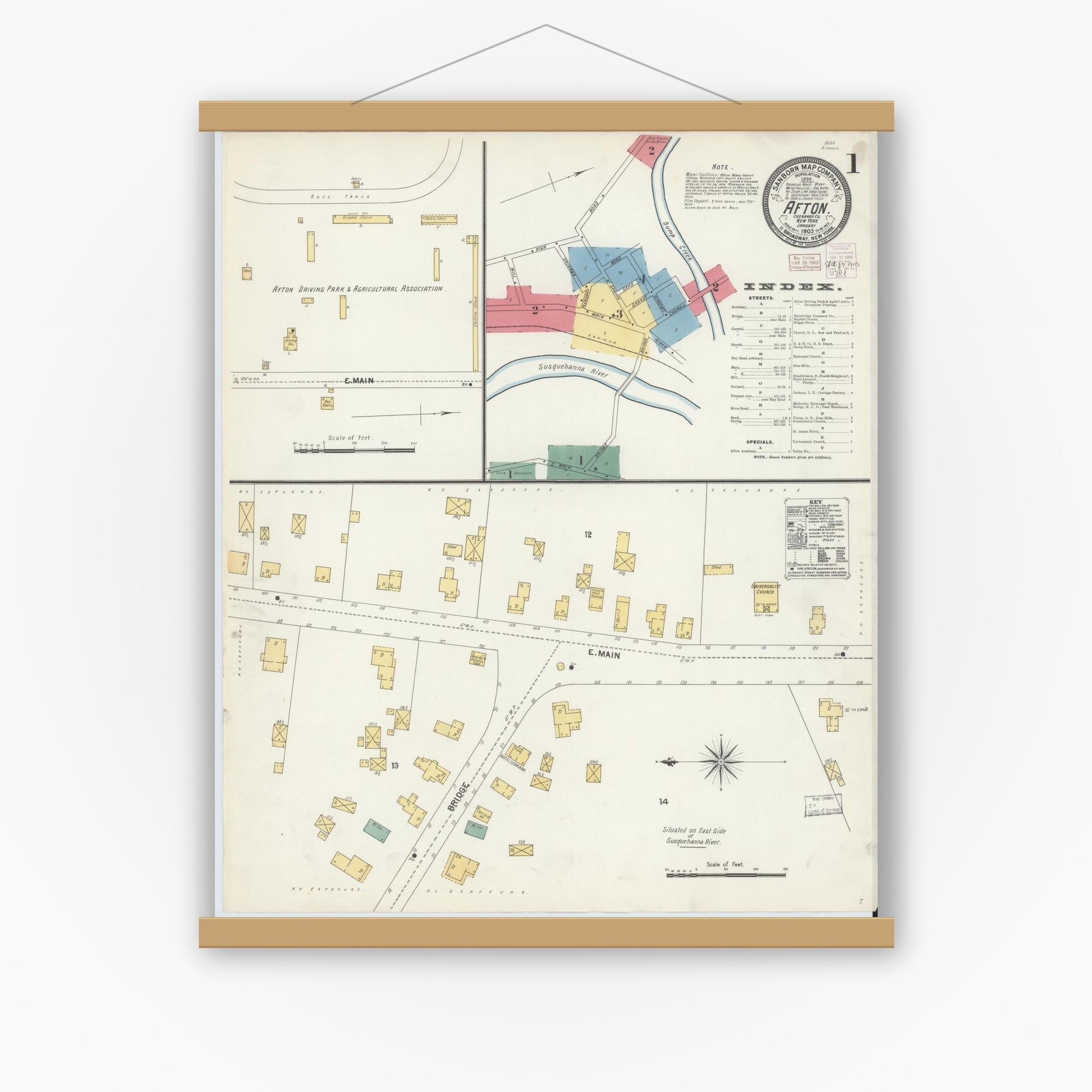 Old map wall art mockup — magnetic wood frame on white wall — Sanborn Fire Insurance Map from Afton, Chenango County, New York (1903) - Complete Map Set