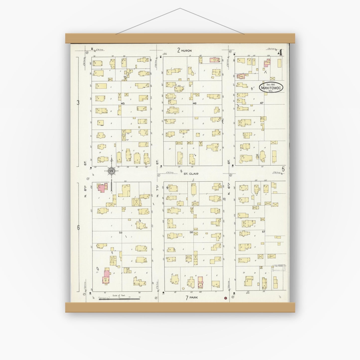 Old map wall art mockup — magnetic wood frame on white wall — Sanborn Fire Insurance Map from Manitowoc, Manitowoc County, Wisconsin (1912), Sheet #0004