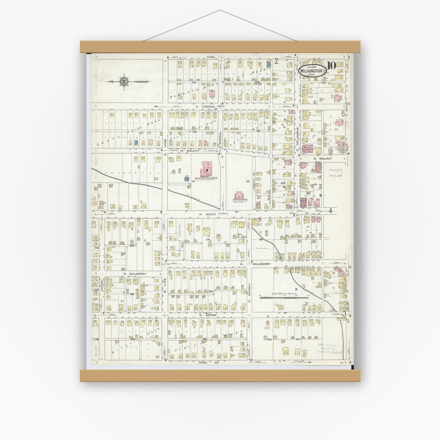 Old map wall art mockup — magnetic wood frame on white wall — Sanborn Fire Insurance Map from Wilmington, Clinton County, Ohio (1914), Sheet #0010