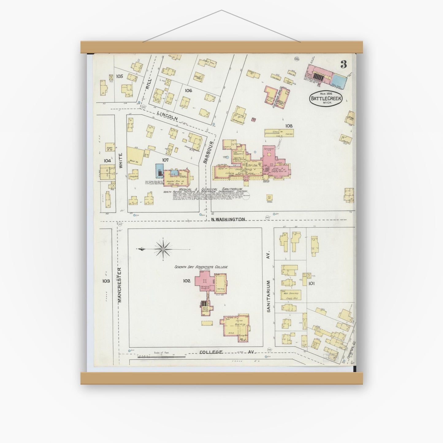 Old map wall art mockup — magnetic wood frame on white wall — Sanborn Fire Insurance Map from Battle Creek, Calhoun County, Michigan (1892), Sheet #0003