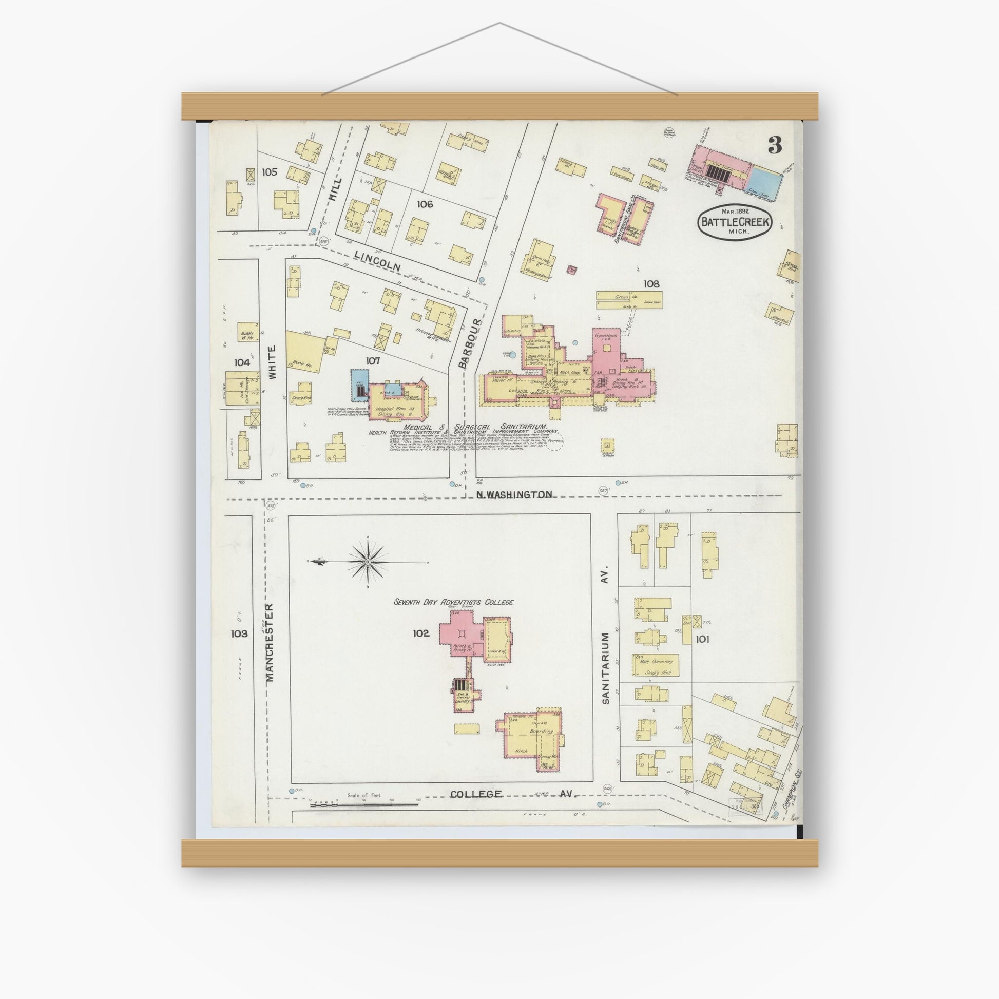 Old map wall art mockup — magnetic wood frame on white wall — Sanborn Fire Insurance Map from Battle Creek, Calhoun County, Michigan (1892), Sheet #0003