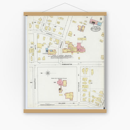 Old map wall art mockup — magnetic wood frame on white wall — Sanborn Fire Insurance Map from Battle Creek, Calhoun County, Michigan (1892), Sheet #0003