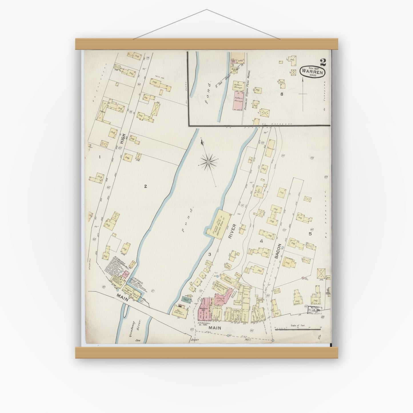Old map wall art mockup — magnetic wood frame on white wall — Sanborn Fire Insurance Map from Warren, Worcester County, Massachusetts (1887), Sheet #0002