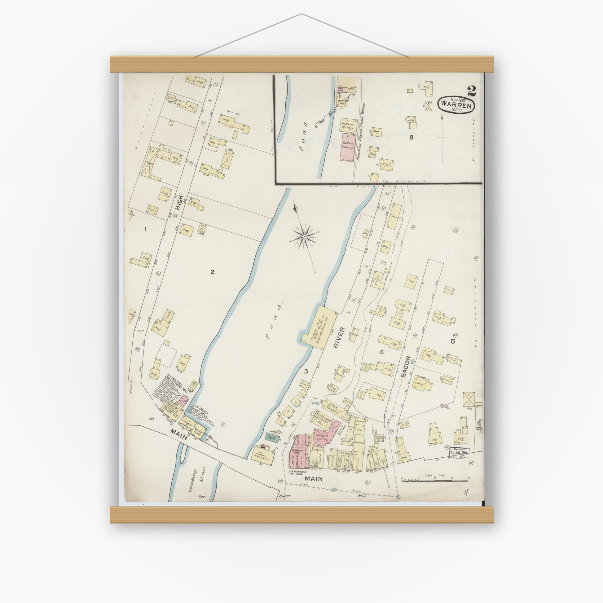 Old map wall art mockup — magnetic wood frame on white wall — Sanborn Fire Insurance Map from Warren, Worcester County, Massachusetts (1887), Sheet #0002