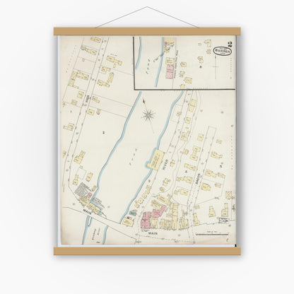Old map wall art mockup — magnetic wood frame on white wall — Sanborn Fire Insurance Map from Warren, Worcester County, Massachusetts (1887), Sheet #0002