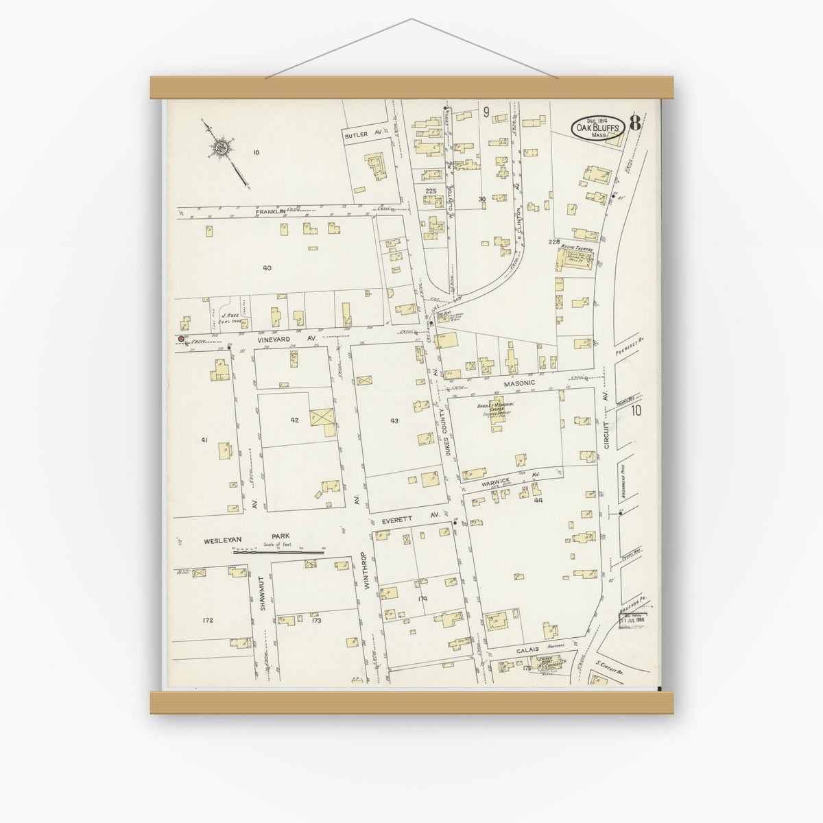 Old map wall art mockup — magnetic wood frame on white wall — Sanborn Fire Insurance Map from Oak Bluffs, Dukes County, Massachusetts (1914), Sheet #0008