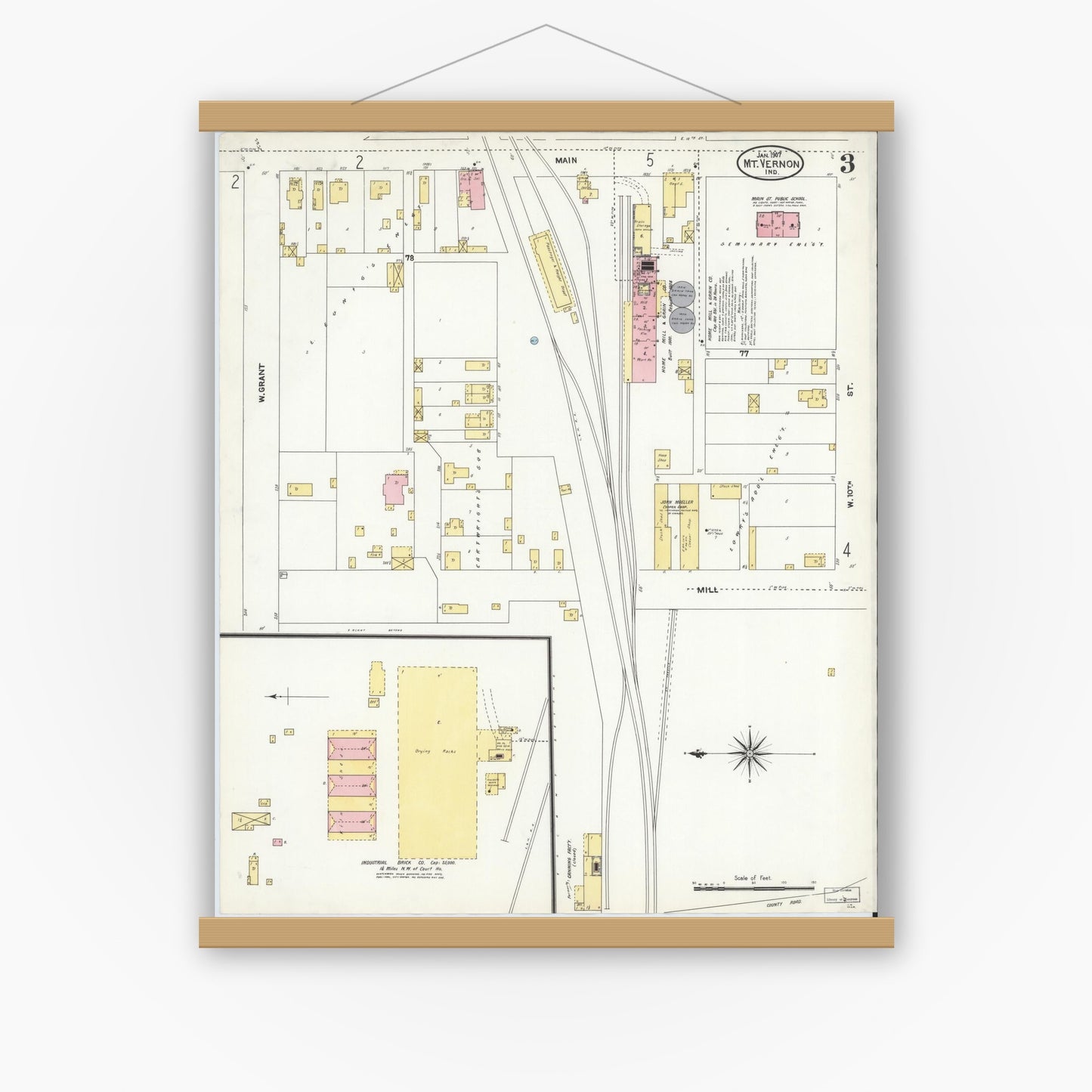 Old map wall art mockup — magnetic wood frame on white wall — Sanborn Fire Insurance Map from Mount Vernon, Posey County, Indiana (1907), Sheet #0003