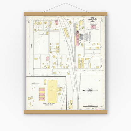 Old map wall art mockup — magnetic wood frame on white wall — Sanborn Fire Insurance Map from Mount Vernon, Posey County, Indiana (1907), Sheet #0003