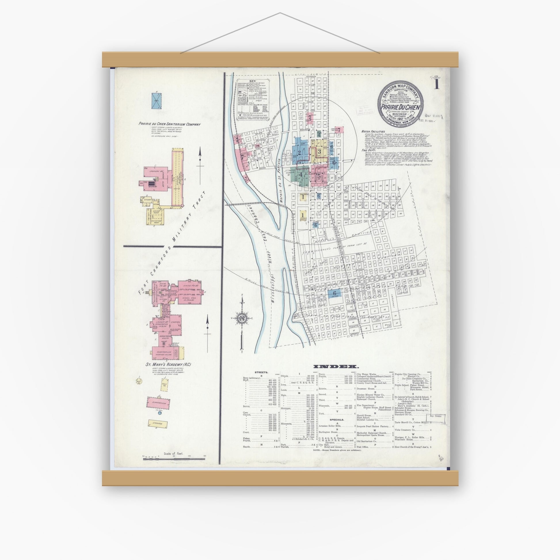 Old map wall art mockup — magnetic wood frame on white wall — Sanborn Fire Insurance Map from Prairie du Chien, Crawford County, Wisconsin (1912) - Complete Map Set
