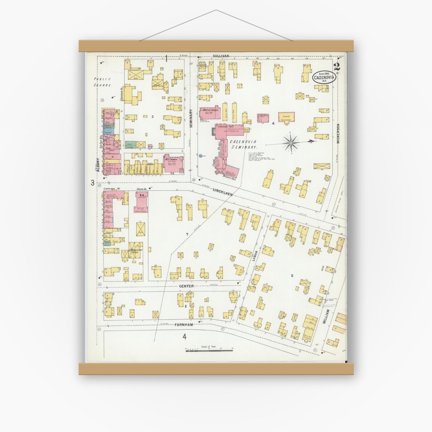 Old map wall art mockup — magnetic wood frame on white wall — Sanborn Fire Insurance Map from Cazenovia, Madison County, New York (1900), Sheet #0002