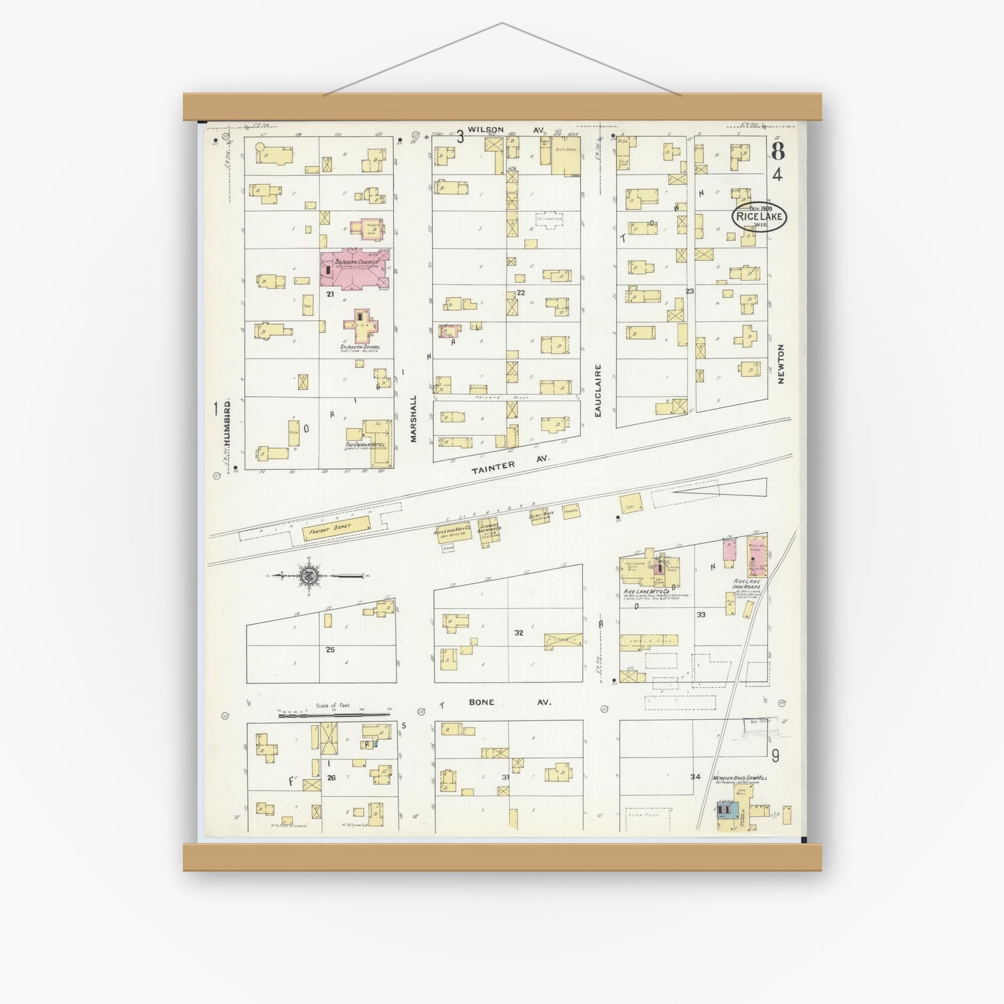 Old map wall art mockup — magnetic wood frame on white wall — Sanborn Fire Insurance Map from Rice Lake, Barron County, Wisconsin (1909), Sheet #0008