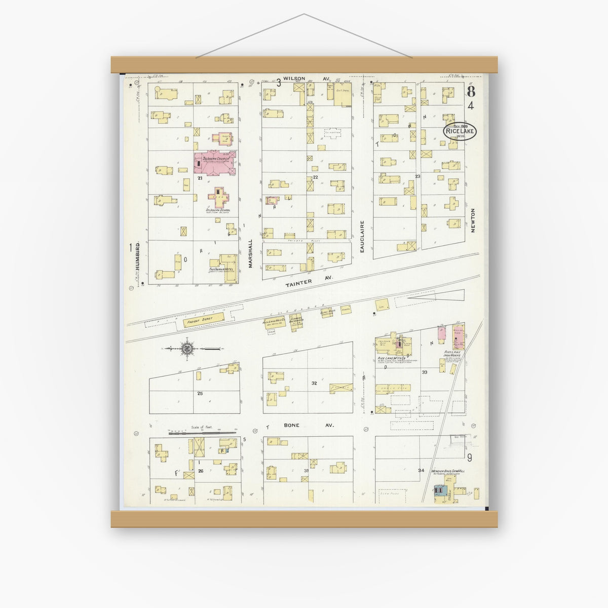 Old map wall art mockup — magnetic wood frame on white wall — Sanborn Fire Insurance Map from Rice Lake, Barron County, Wisconsin (1909), Sheet #0008