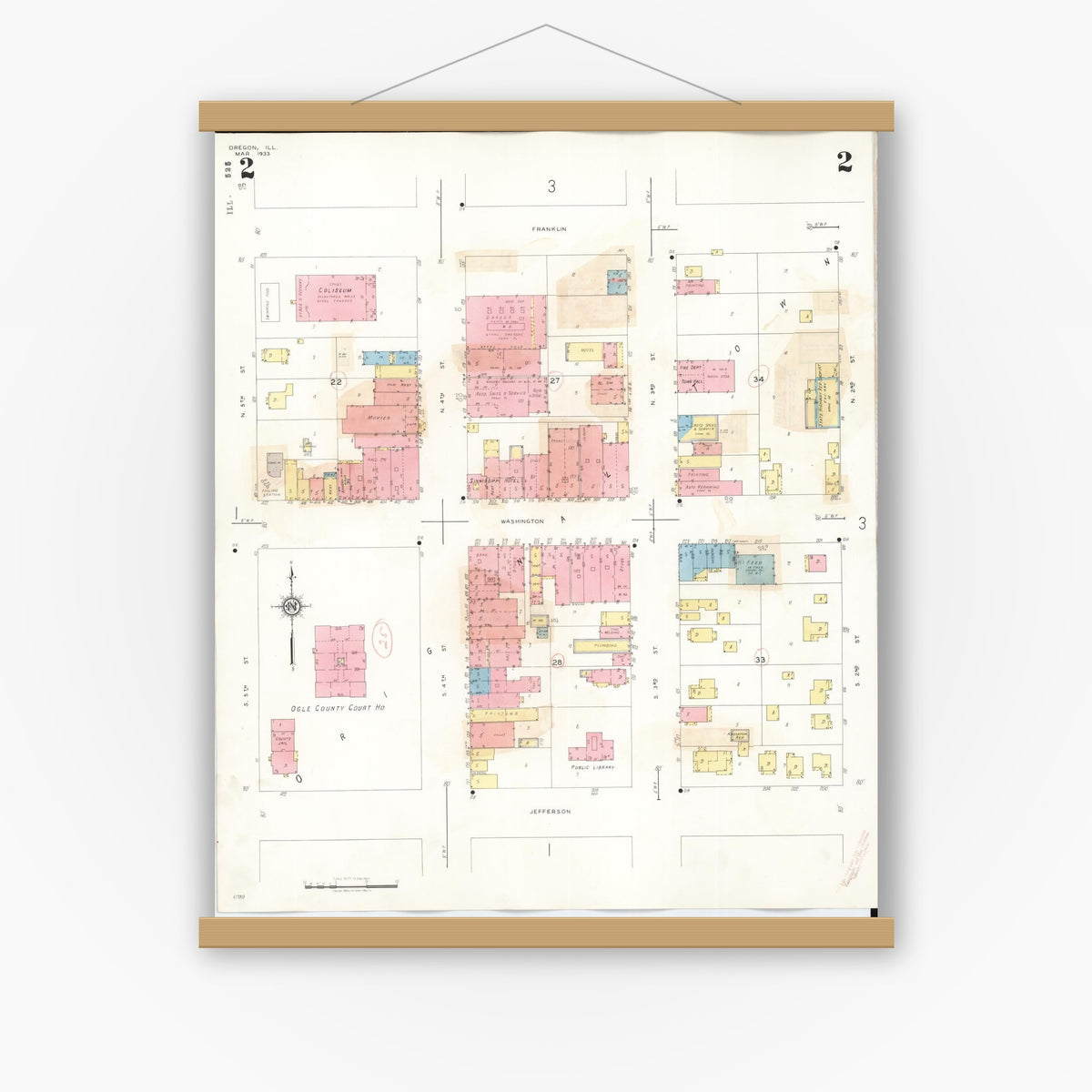 Old map wall art mockup — magnetic wood frame on white wall — Sanborn Fire Insurance Map from Oregon, Ogle County, Illinois (1943), Sheet #0002