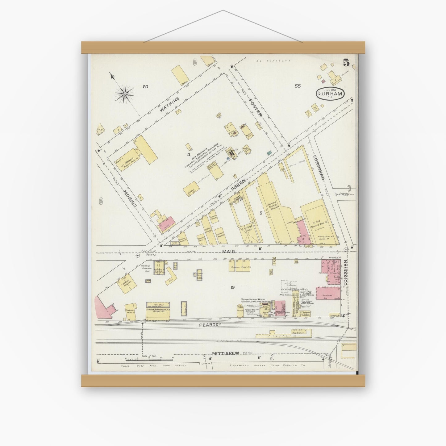 Old map wall art mockup — magnetic wood frame on white wall — Sanborn Fire Insurance Map from Durham, Durham County, North Carolina (1893), Sheet #0005