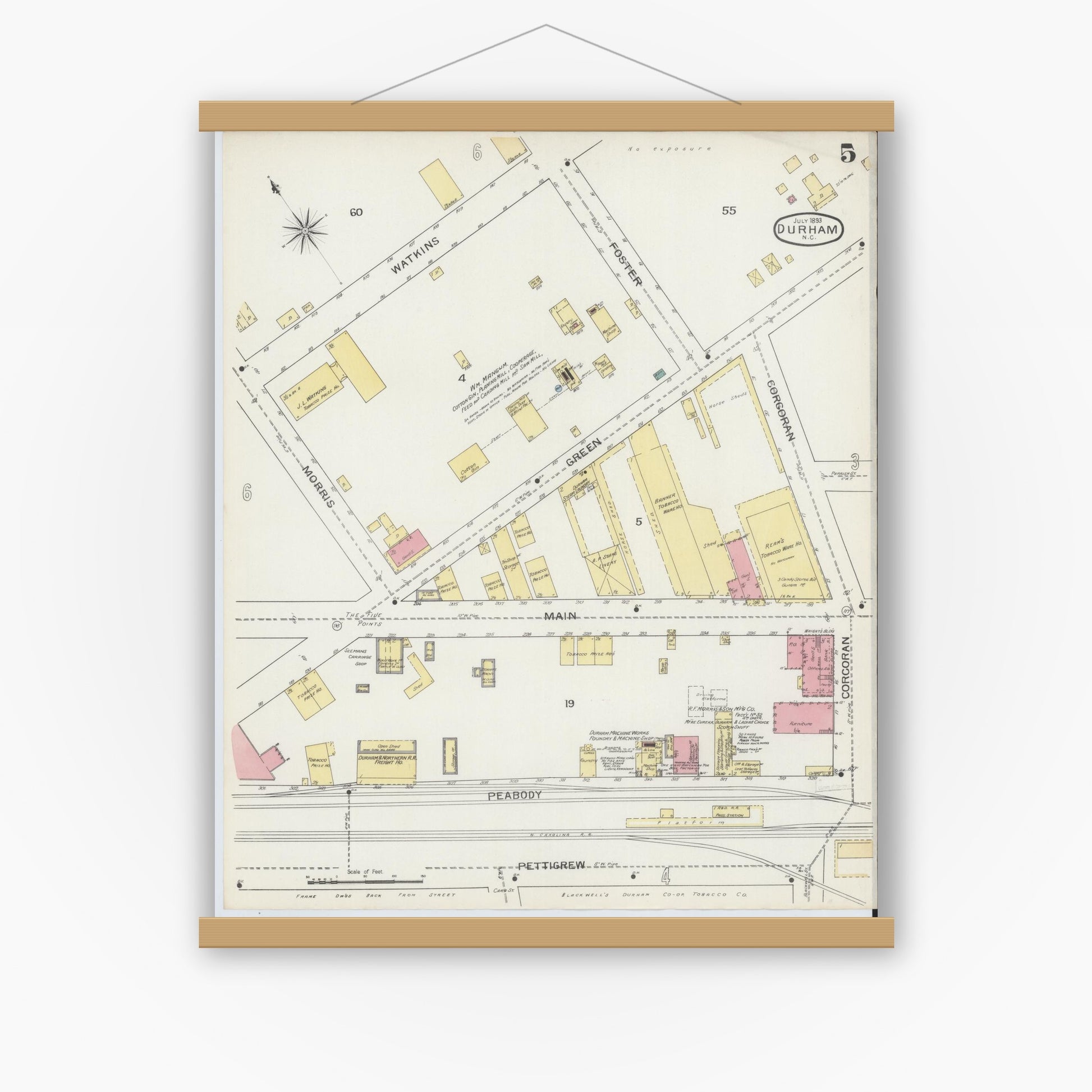 Old map wall art mockup — magnetic wood frame on white wall — Sanborn Fire Insurance Map from Durham, Durham County, North Carolina (1893), Sheet #0005