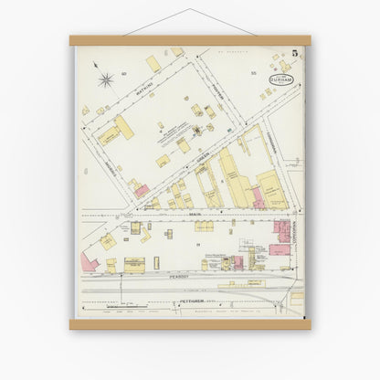 Old map wall art mockup — magnetic wood frame on white wall — Sanborn Fire Insurance Map from Durham, Durham County, North Carolina (1893), Sheet #0005