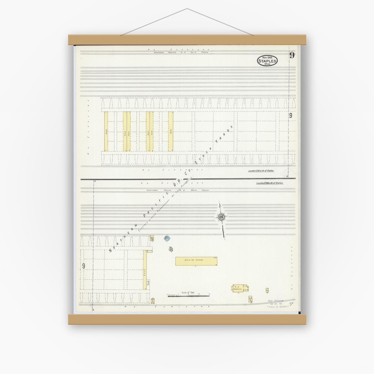 Old map wall art mockup — magnetic wood frame on white wall — Sanborn Fire Insurance Map from Staples, Todd County, Minnesota (1909), Sheet #0009